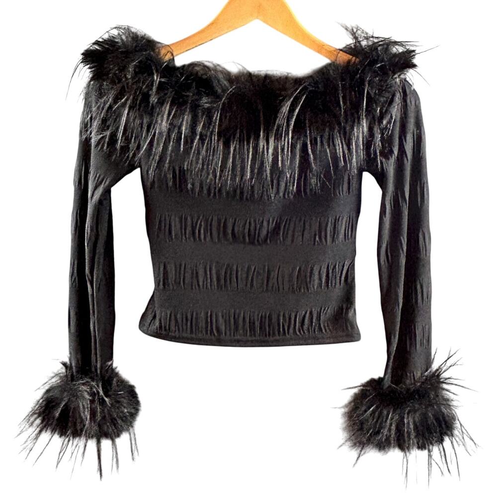 Y2K Style Black Feather Trim Coquette Goth Long Sleeve 90s 2000s Party Clubwear - Picture 2 of 5